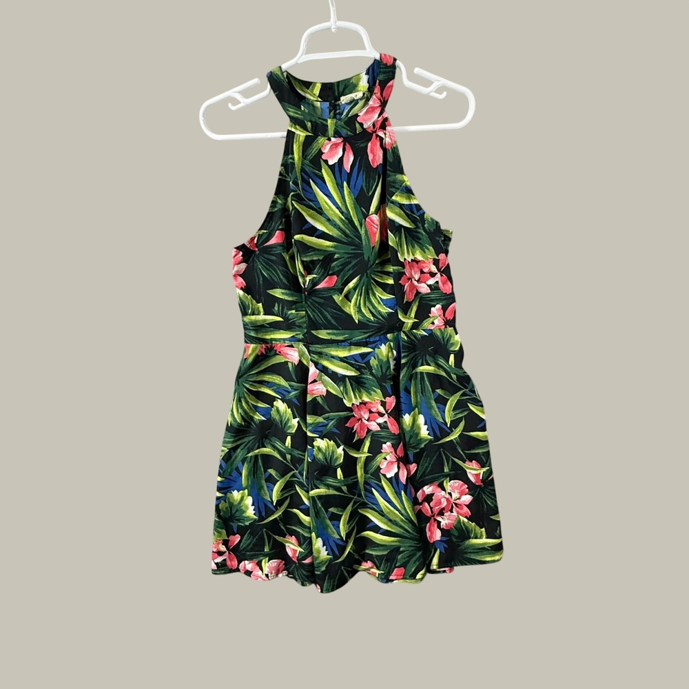 Hollister Tropical Floral Halter Dress Black Green Pink Size M High Neck Summer